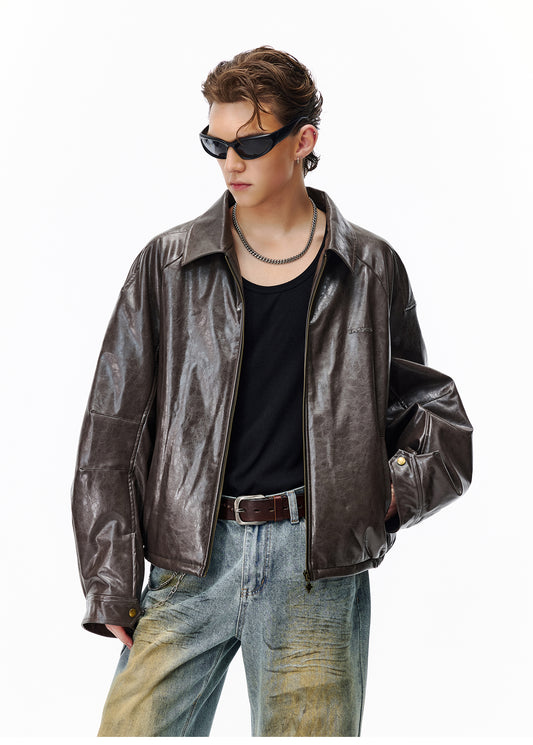 Raglan sleeve leather jacket with lapel padding