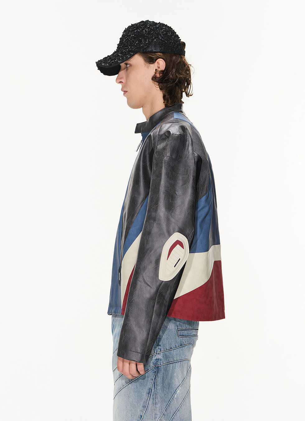 Colorblock Crushed Textured Leather Jacket