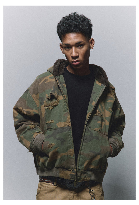 Velvet hooded camouflage jacket