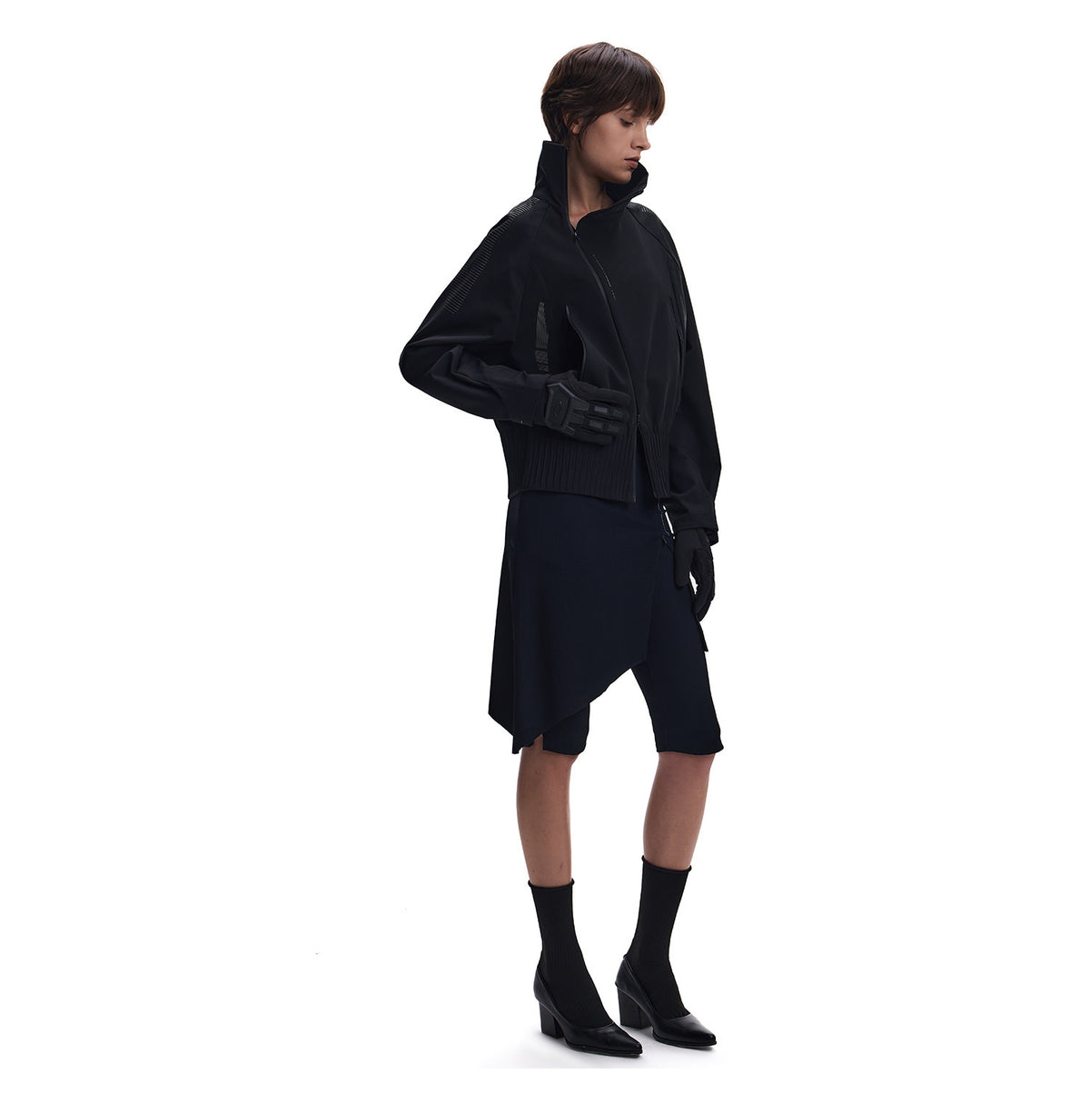 Diagonal-Zip Stand-Collar Poncho Jacket