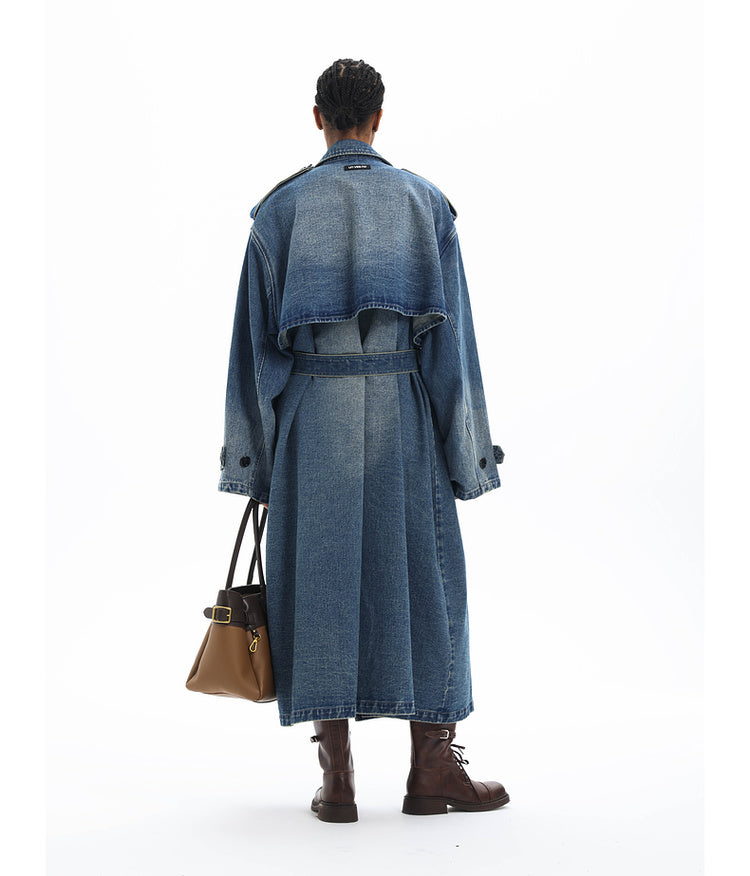 Double-breasted denim long coat