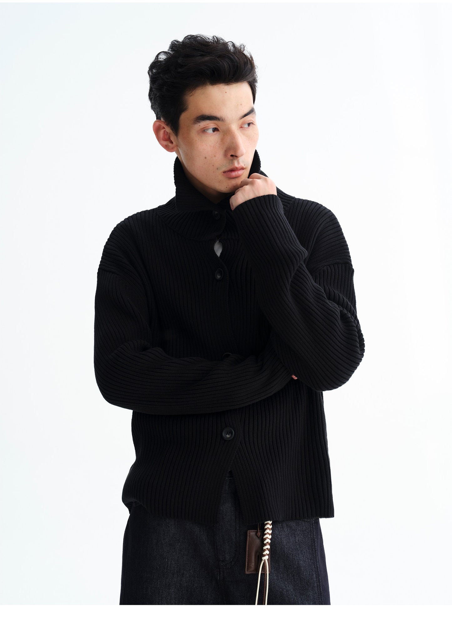 High-Neck Rib-Knit Cardigan