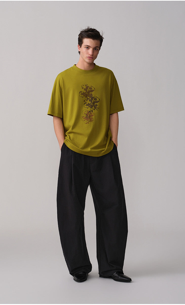Round-Neck Ribbed Collar Drop-Shoulder T-Shirt