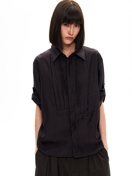 Glossy Asymmetrical Accordion Pleat Shirt