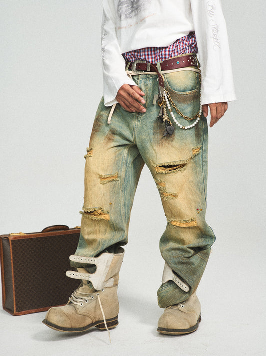 Retro Washed Destroyed Straight Jeans