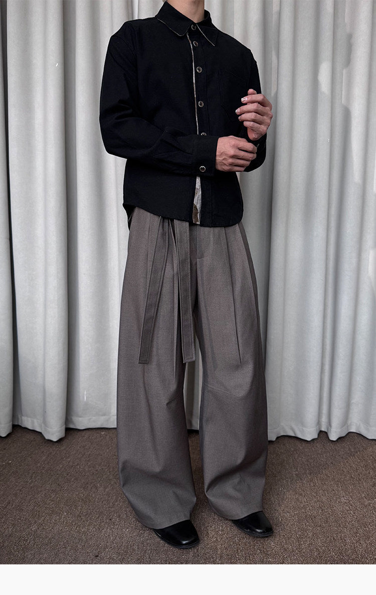 Pleated Adjustable Ribbon Wide-Leg Pants