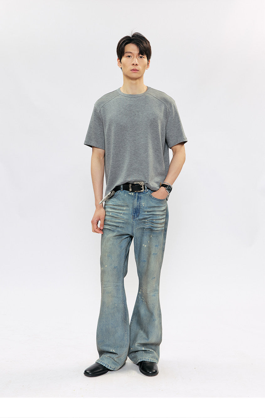 Hand-Painted Splatter-Print Flared Denim Pants