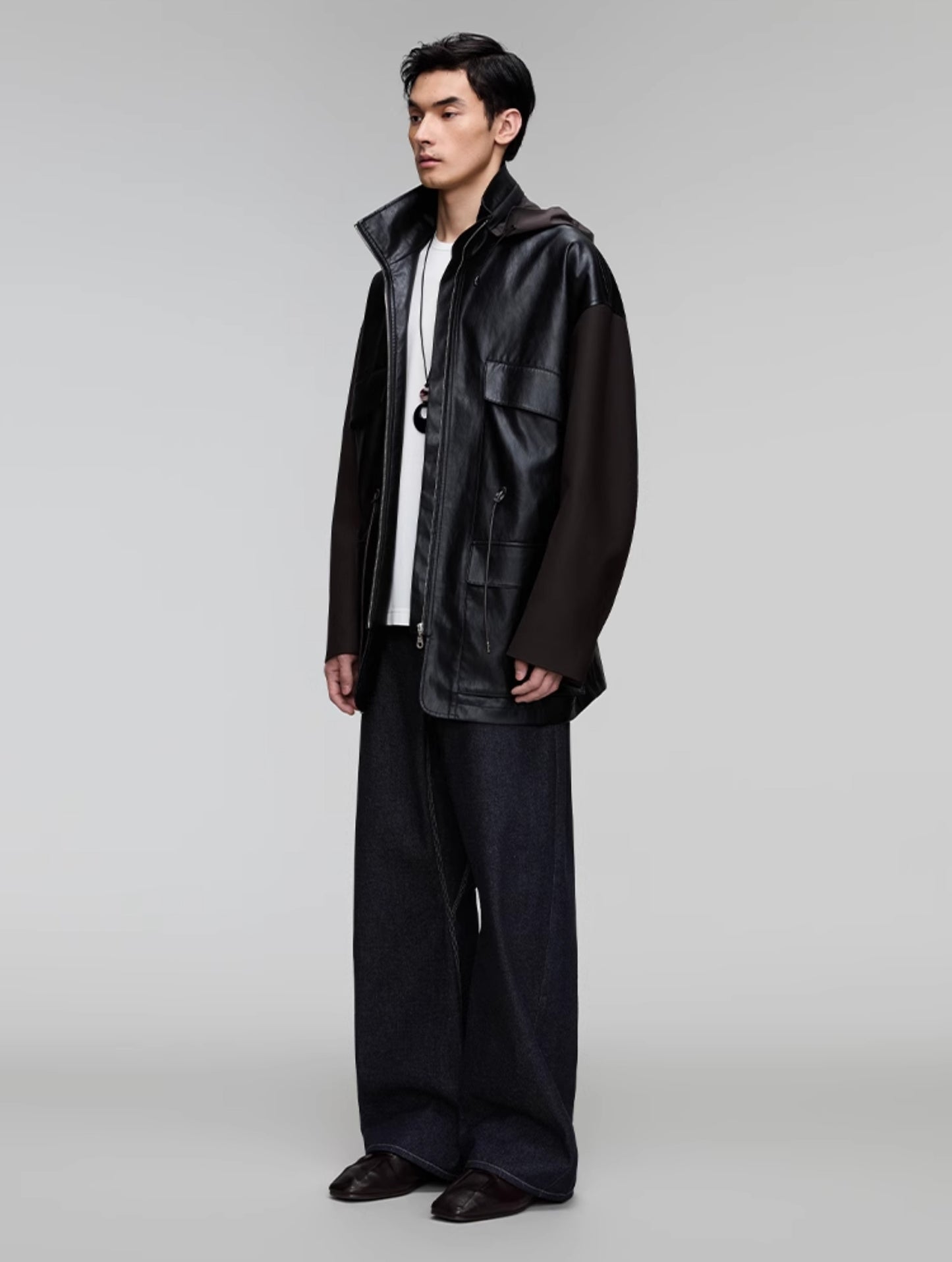 Leather jacket with detachable hood