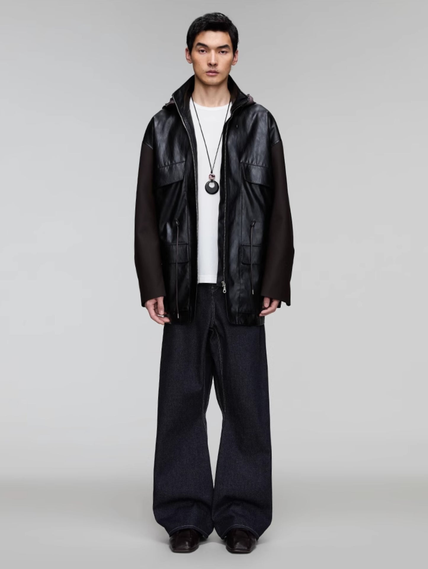 Leather jacket with detachable hood