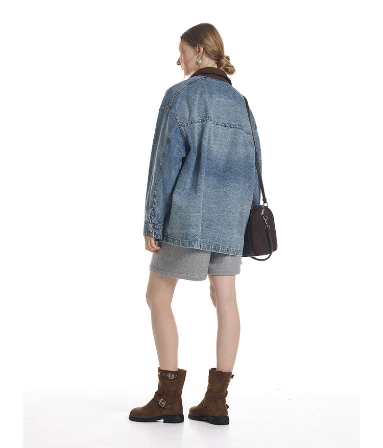 Vintage Denim Jacket with Washed Suede Collar