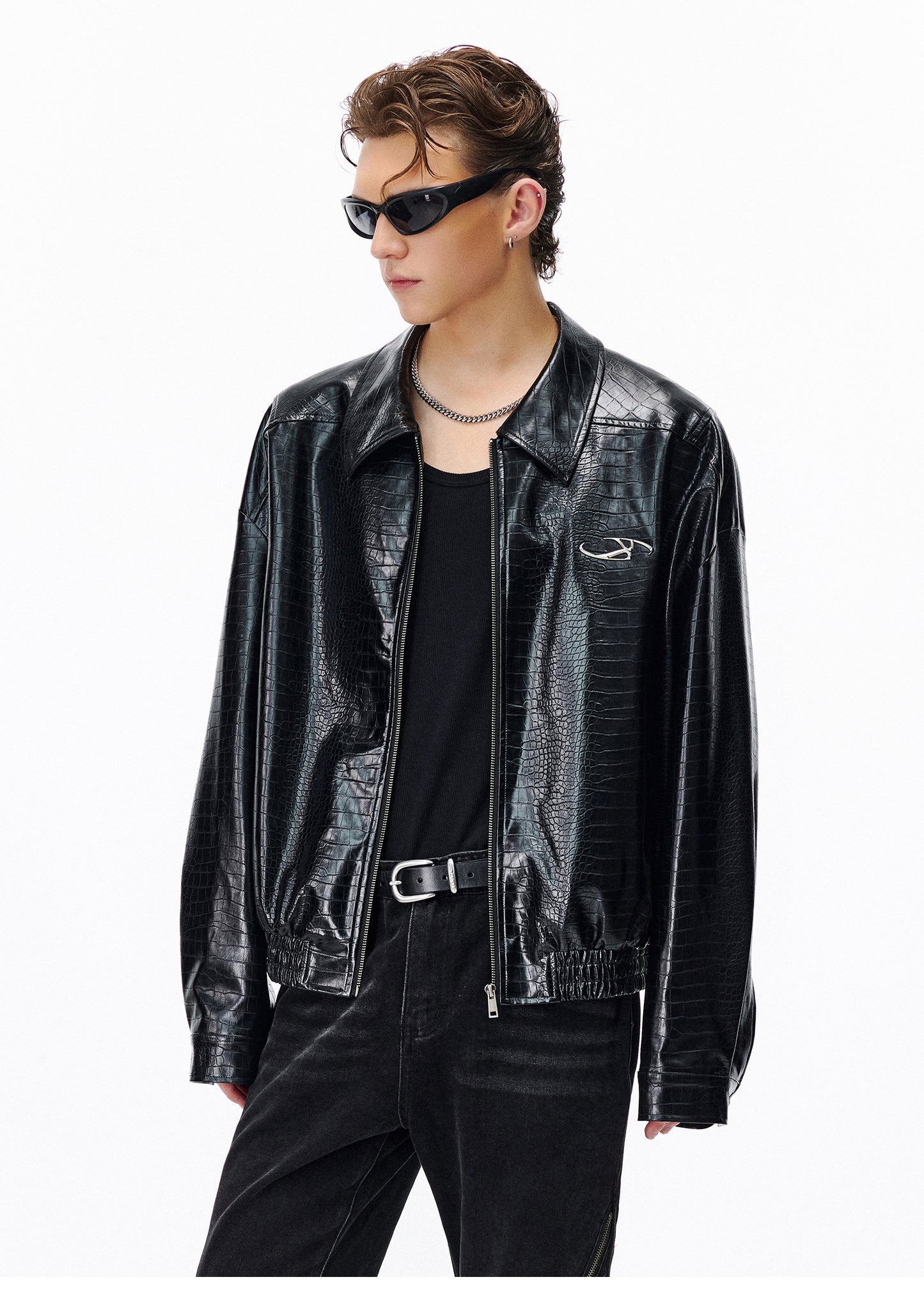 Unisex lapel zipper PU leather jacket