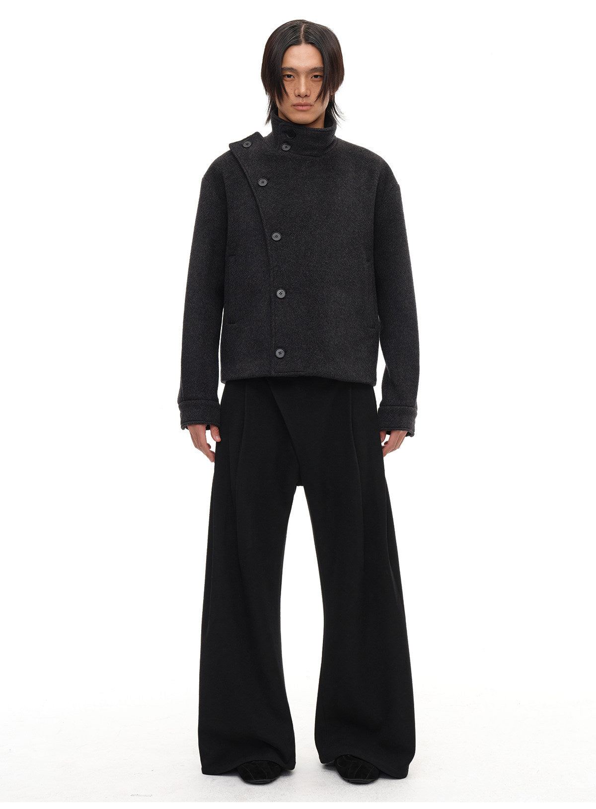 Collar-attached button-down wool jacket