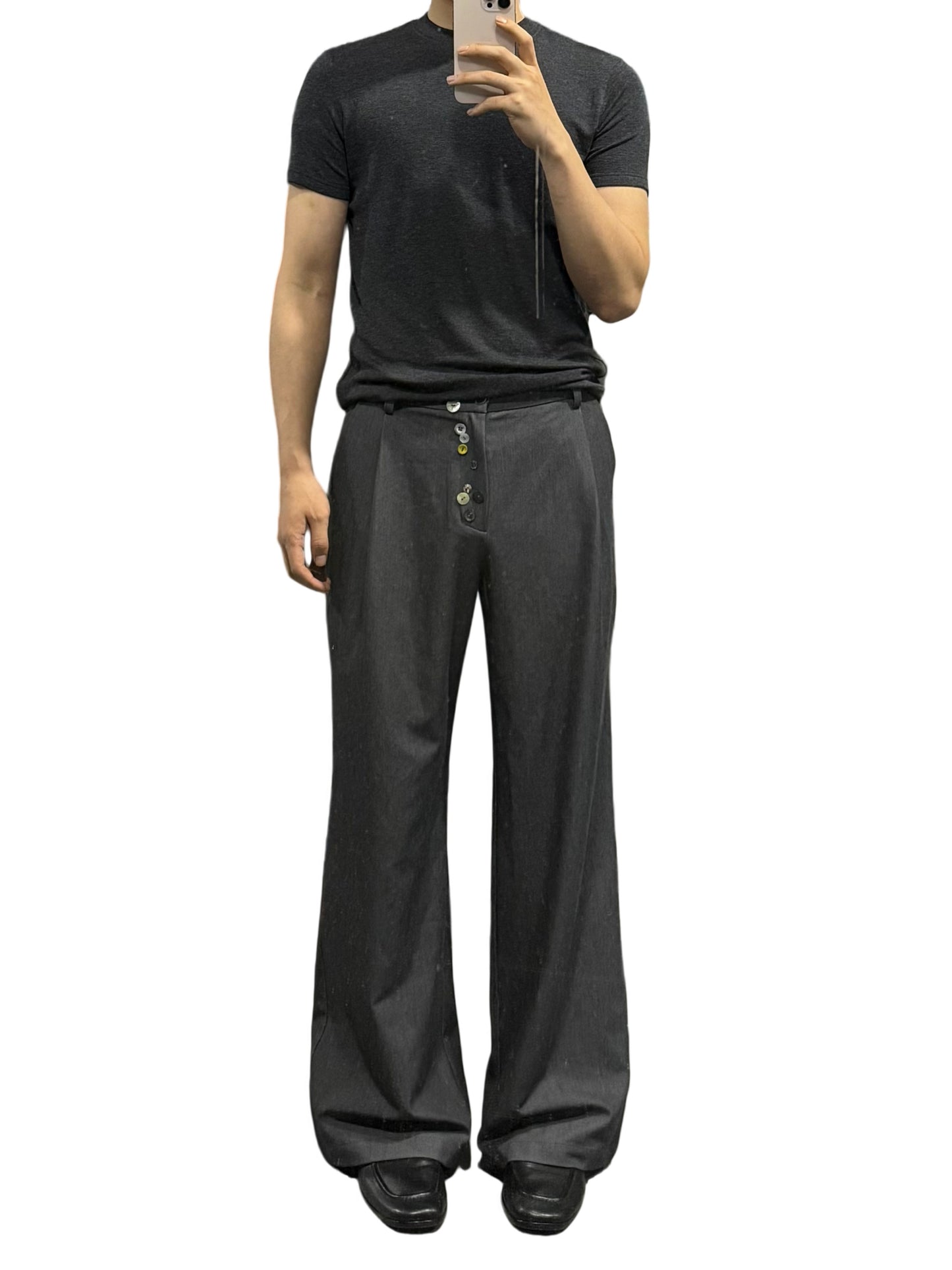 Shell-Button Pleated Straight-Leg Pants