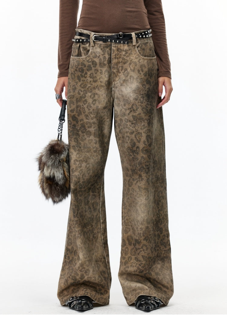 Leopard print wash wide leg jeans