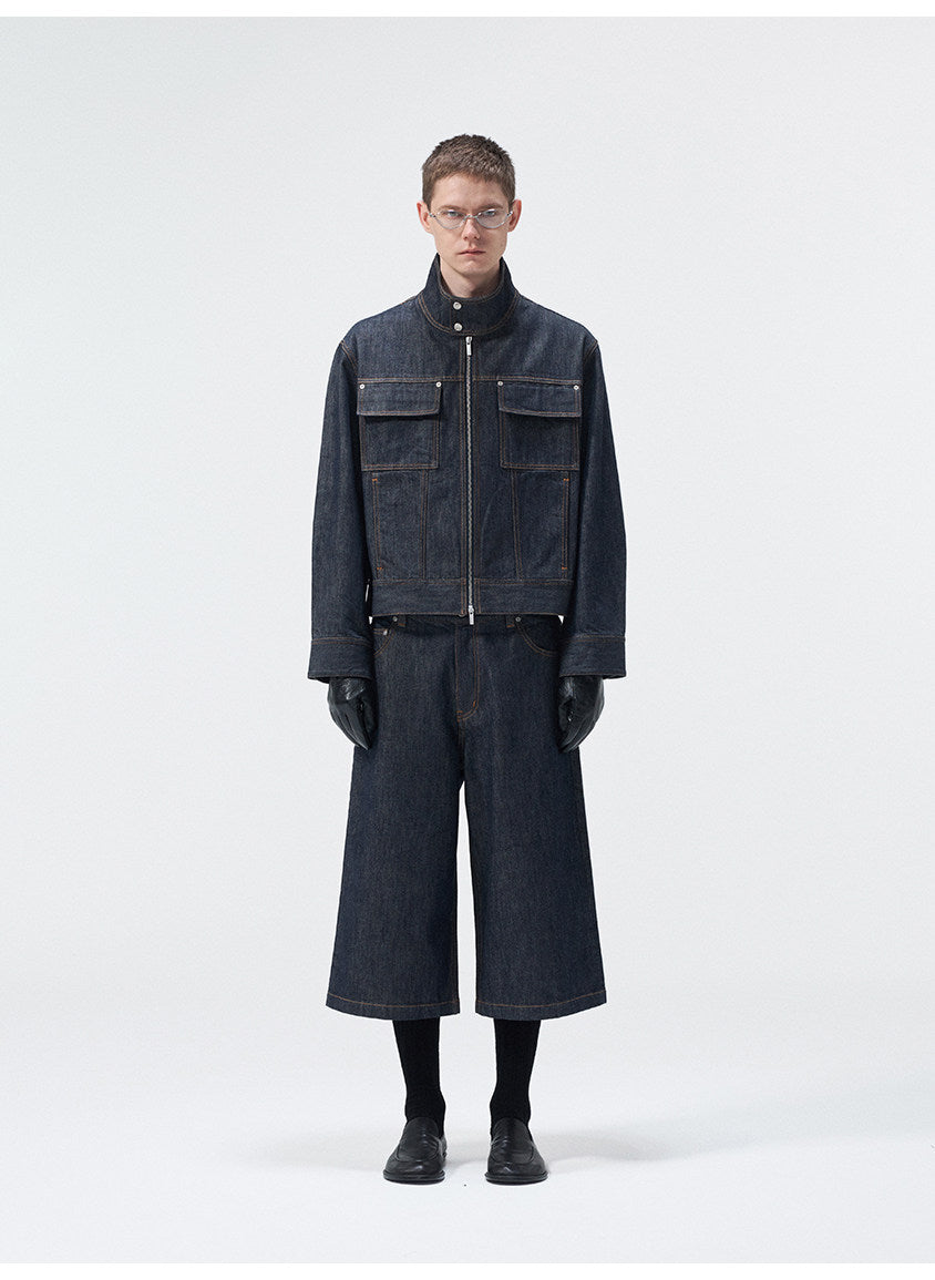 Stand Collar Denim Jacket with Pockets