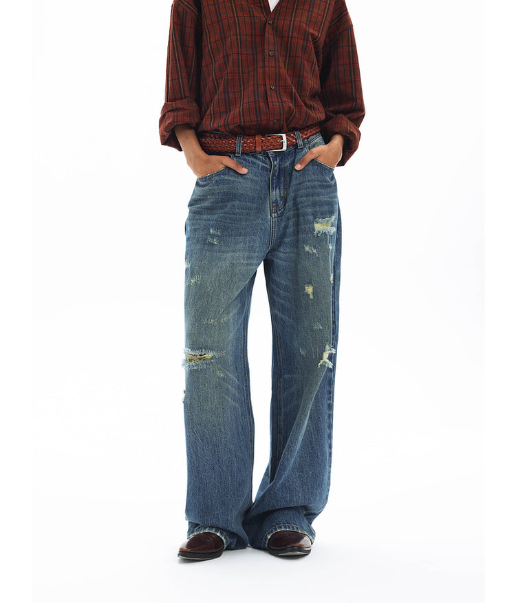 Washed Damaged Loose Casual Denim Pants