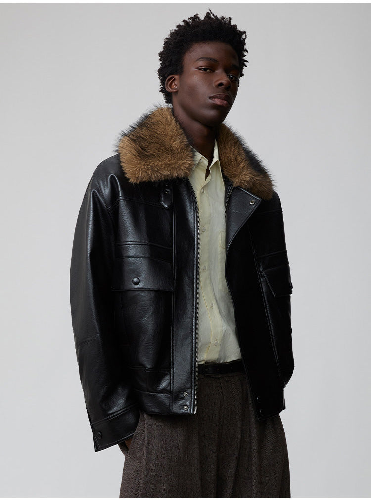 Detachable fur collar bomber jacket