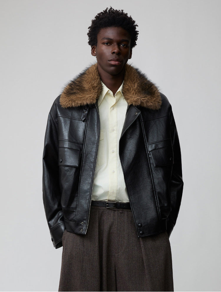 Detachable fur collar bomber jacket