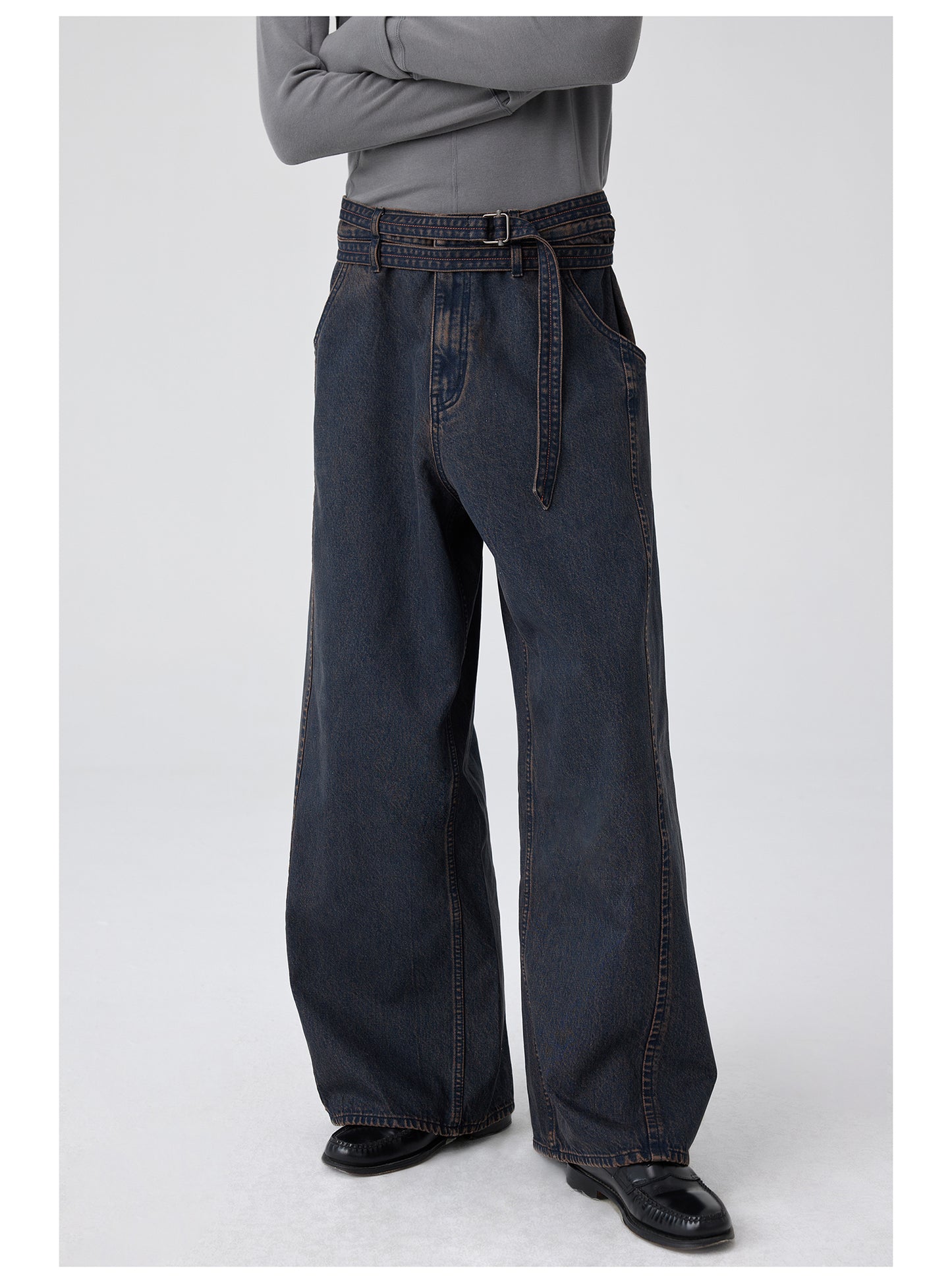 Belted denim pants