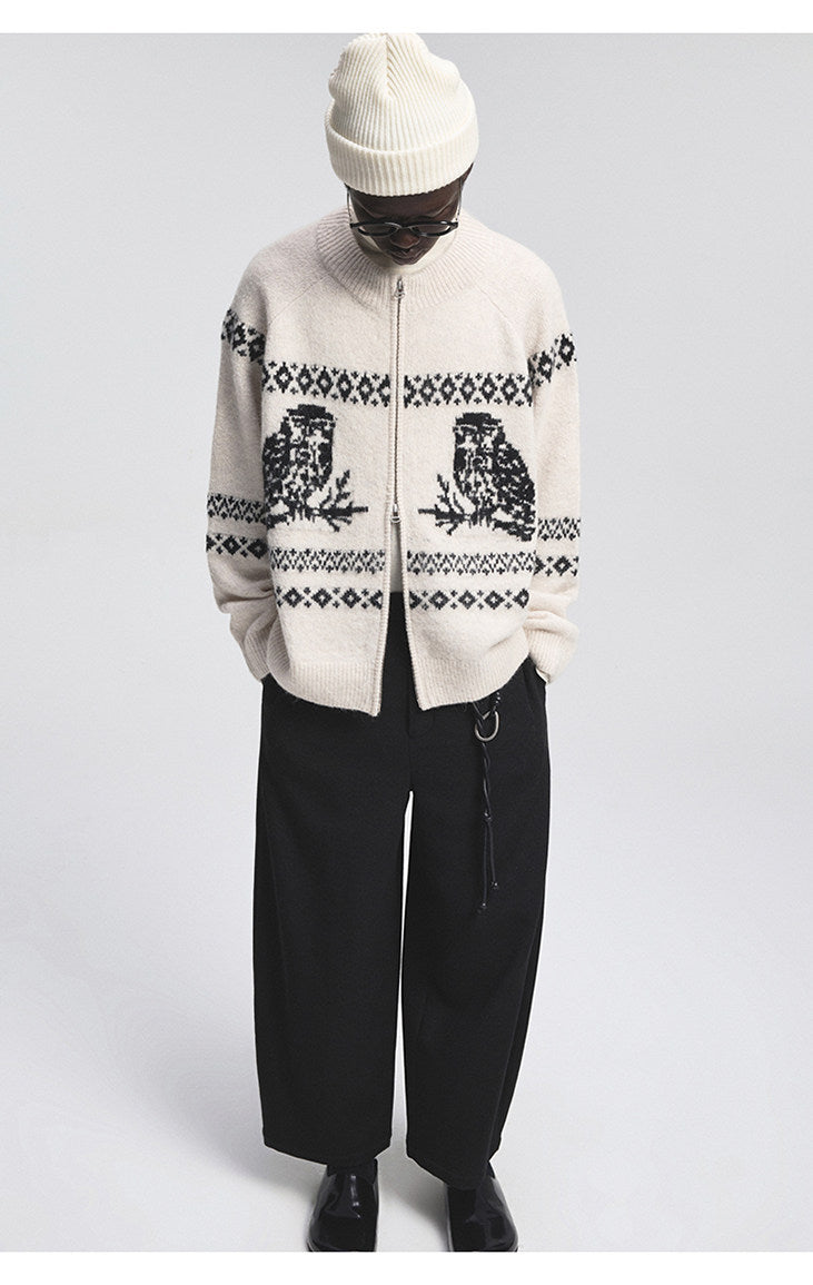 Vintage Animal Jacquard Zipper Cardigan