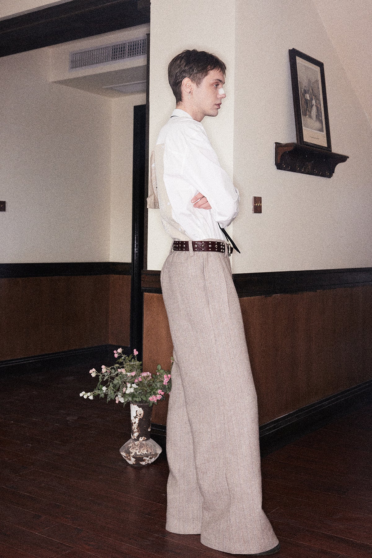 Herringbone tweed casual pants