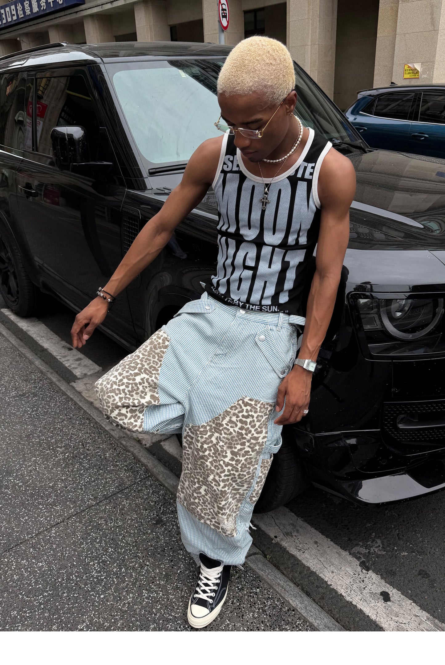 Leopard-Print Patchwork Denim Shorts