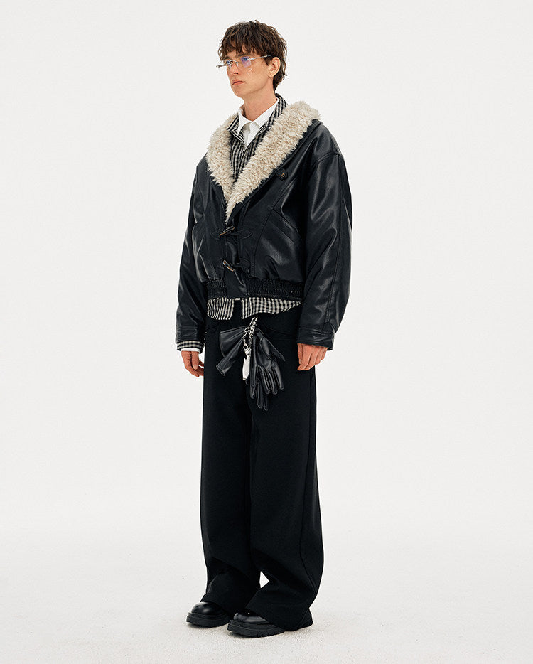 Horn Button Fur Collar Leather Jacket