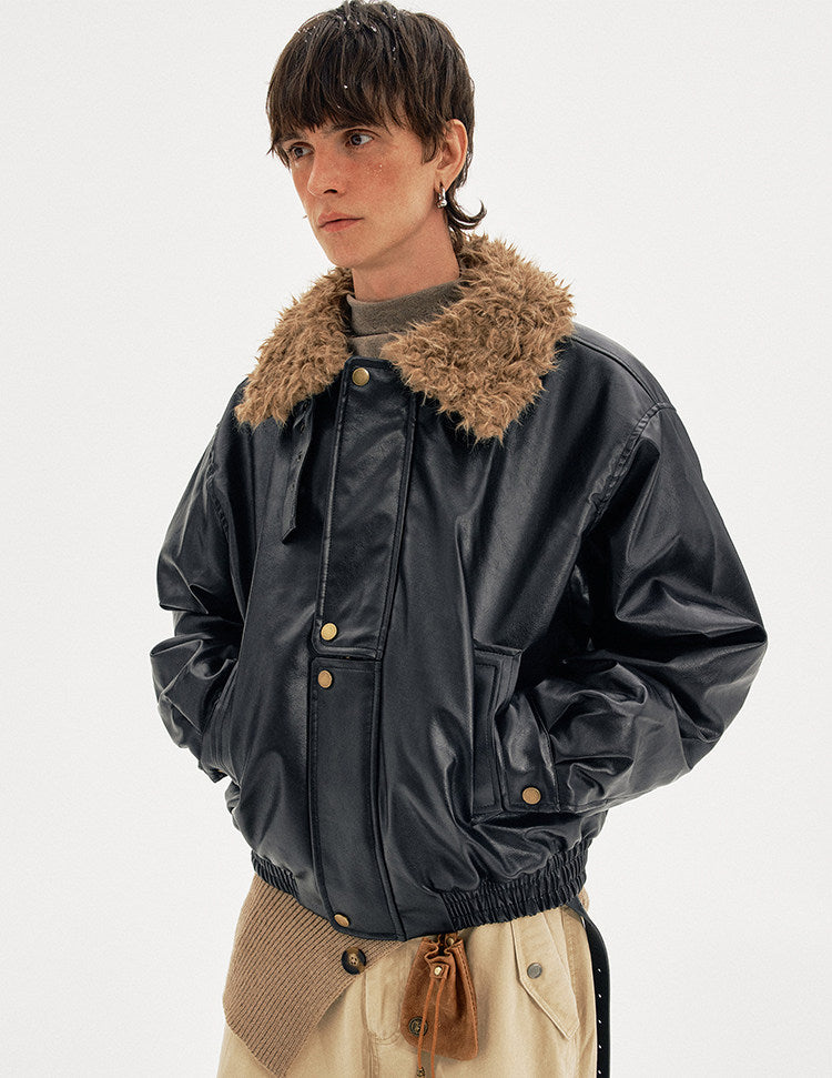 Padded Distressed PU Leather Jacket