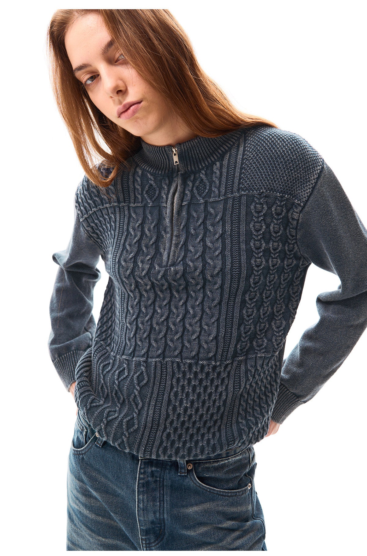 Cable Texture Jacquard High-Neck Sweater