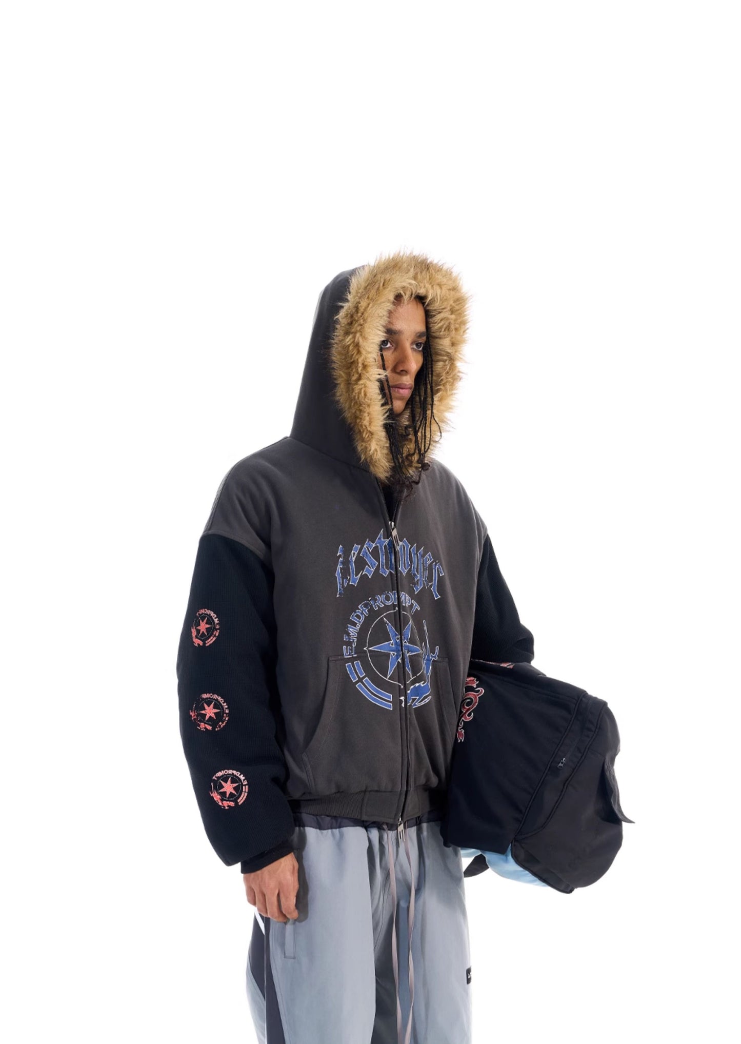 Color Block Fur Collar Sweatshirt