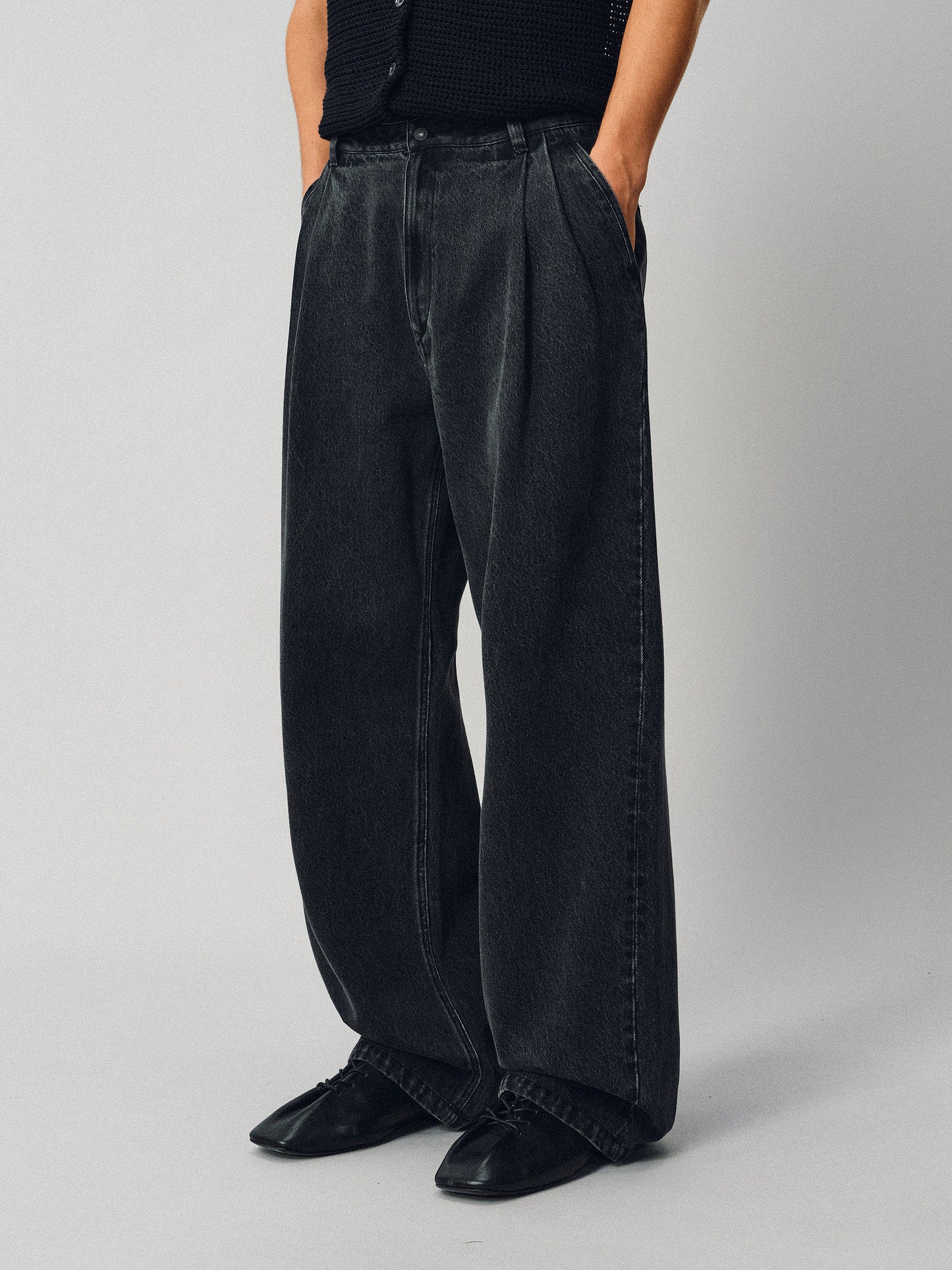 Double-Pleated Wide-Leg Denim Pants