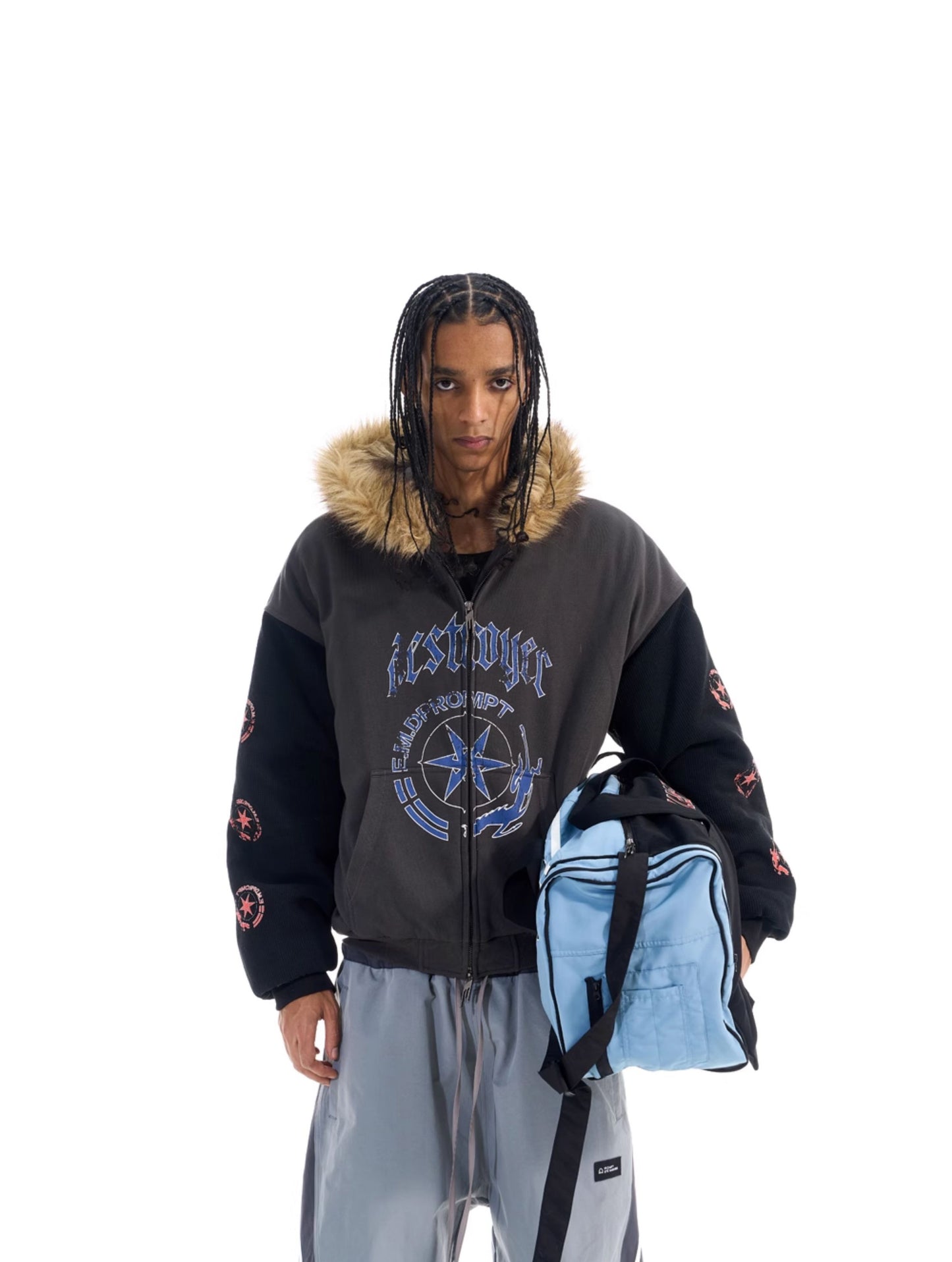 Color Block Fur Collar Sweatshirt