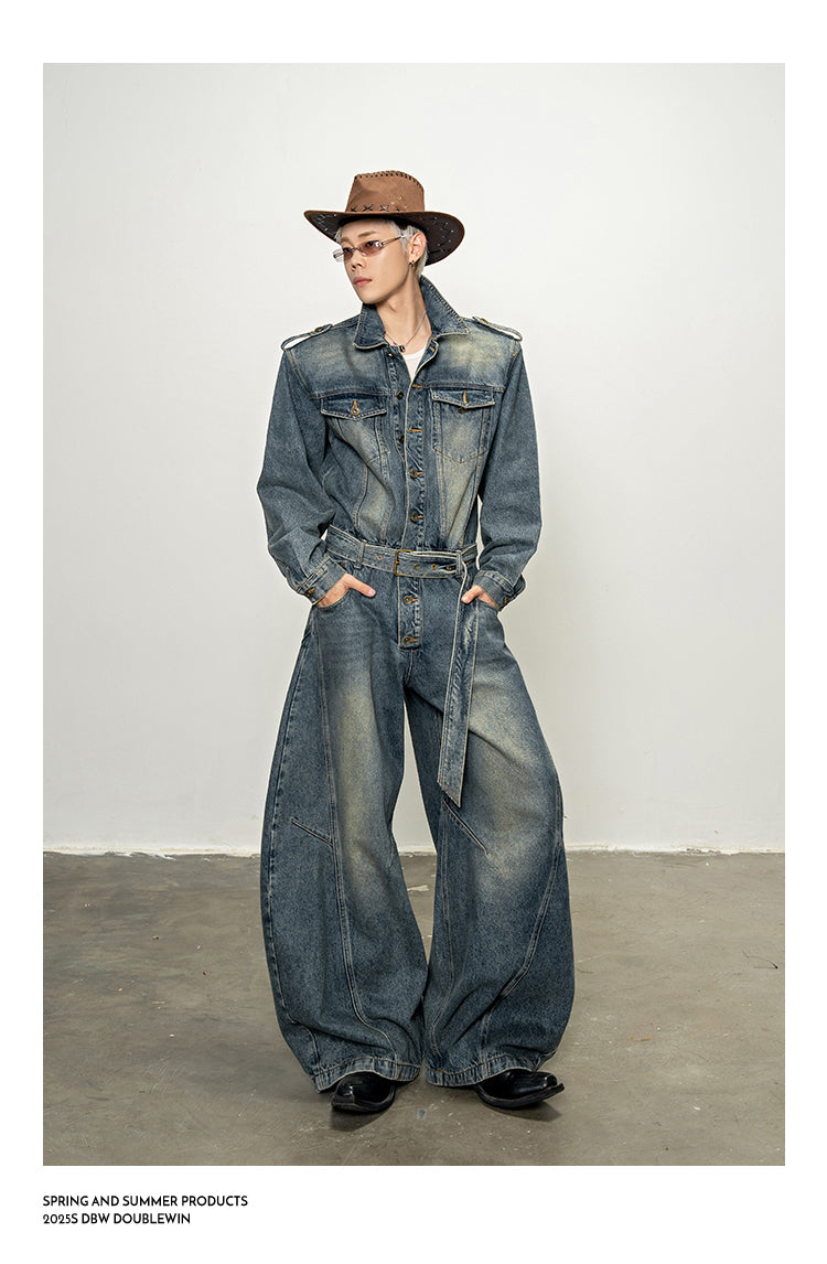 Shoulder Pad Denim Jumpsuit