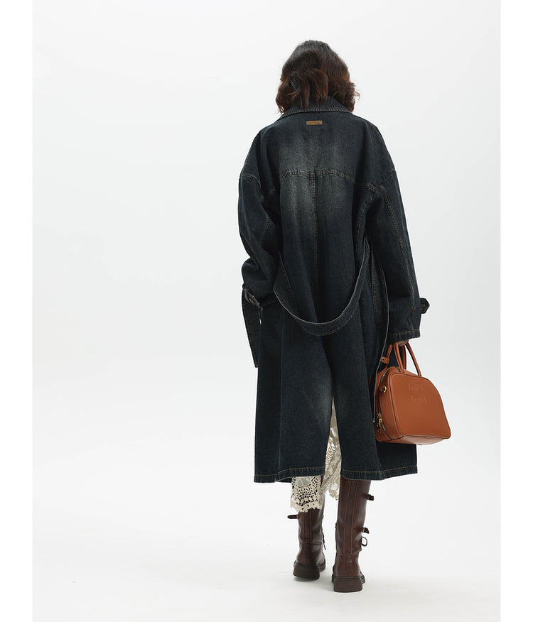 Washed Denim Long Trench Coat