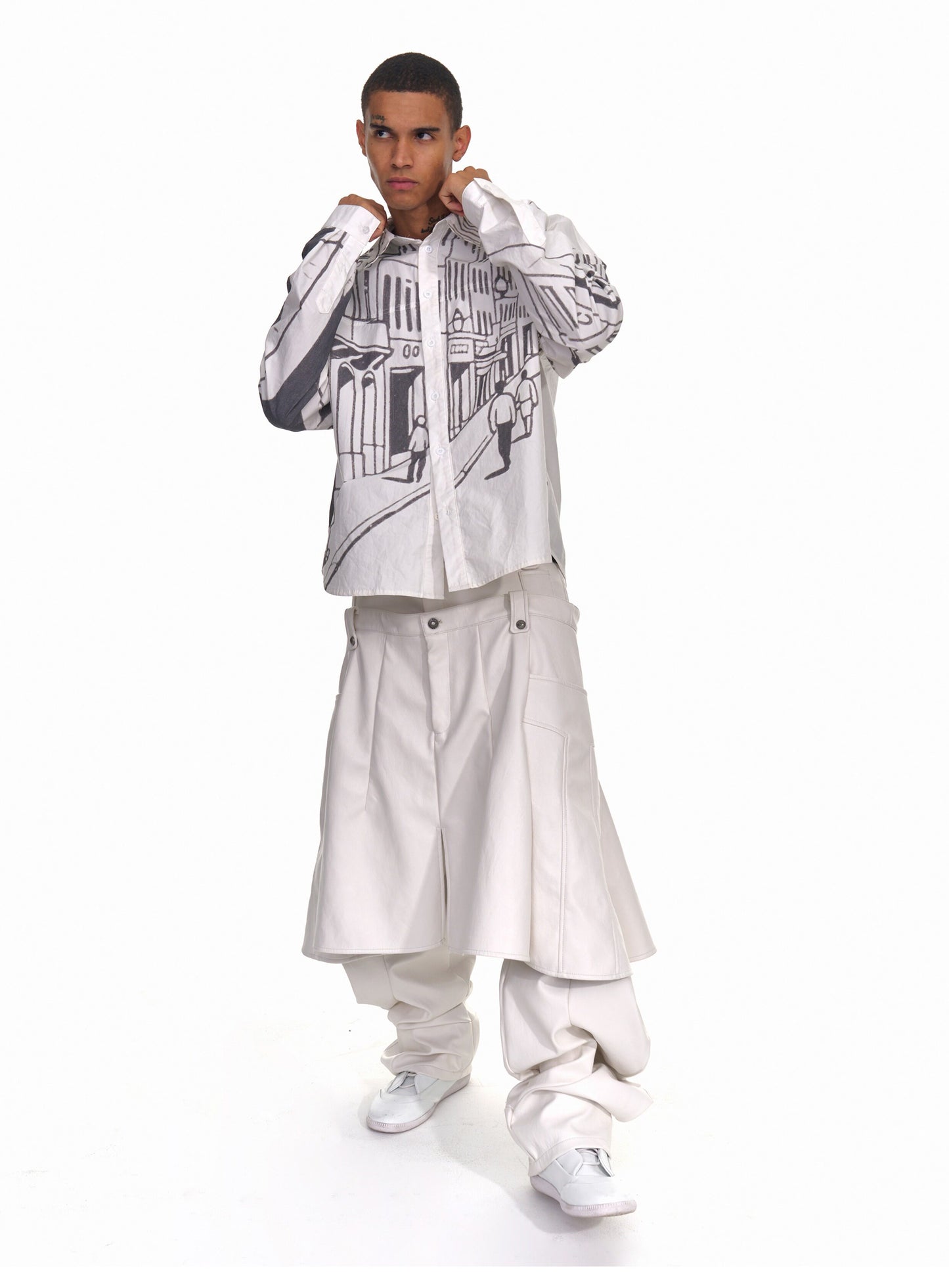 Faux Two-Piece Pleated Leather Pants