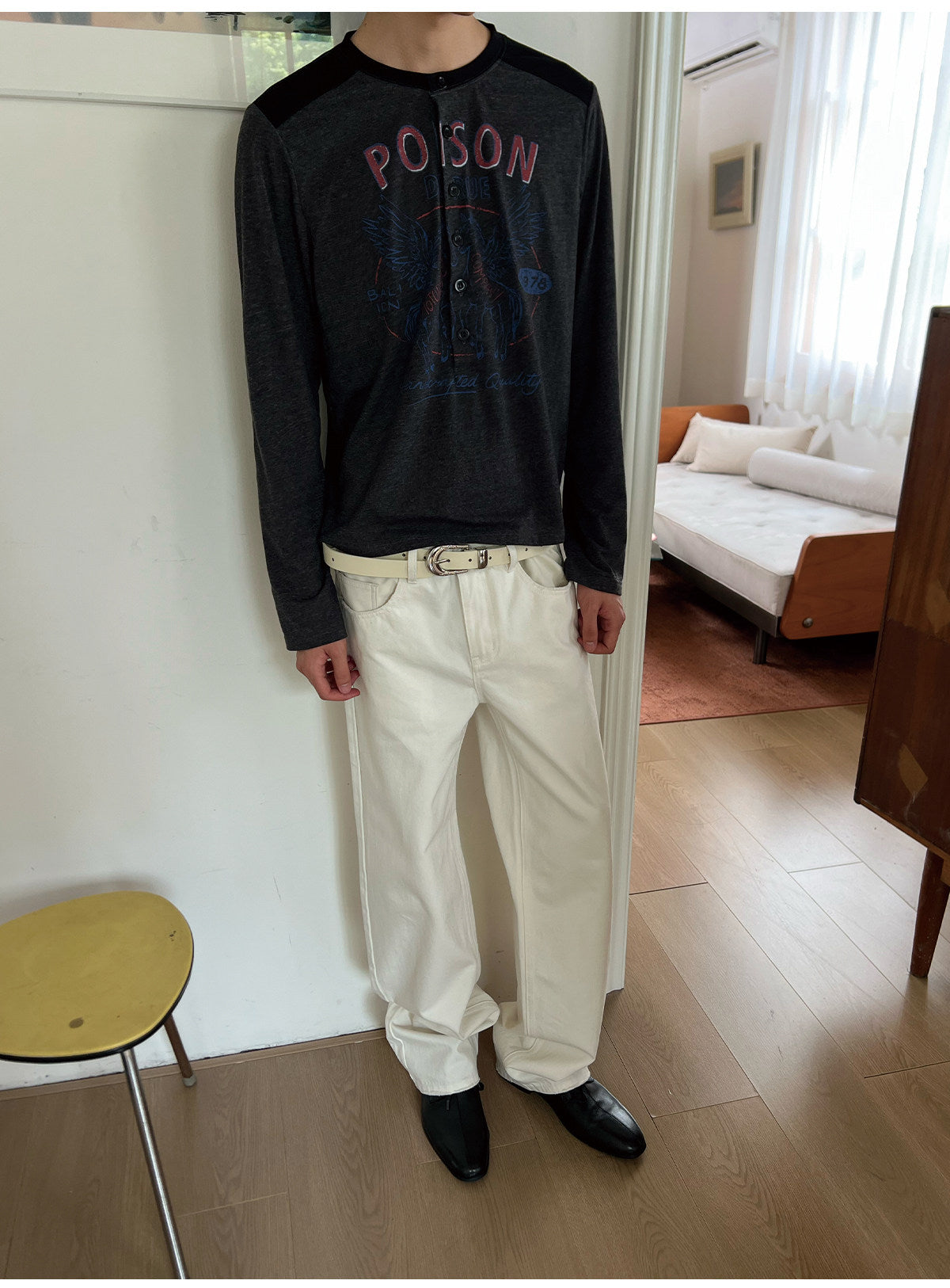 Vintage-Print Henley-Neck T-Shirt