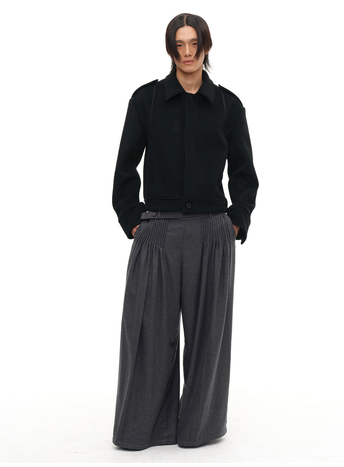 Webbing Shoulder Tapered Wool Jacket