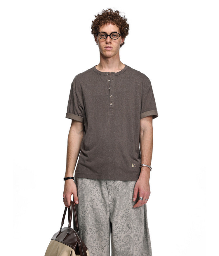 Letter-Embroidered Henley Collar T-Shirt