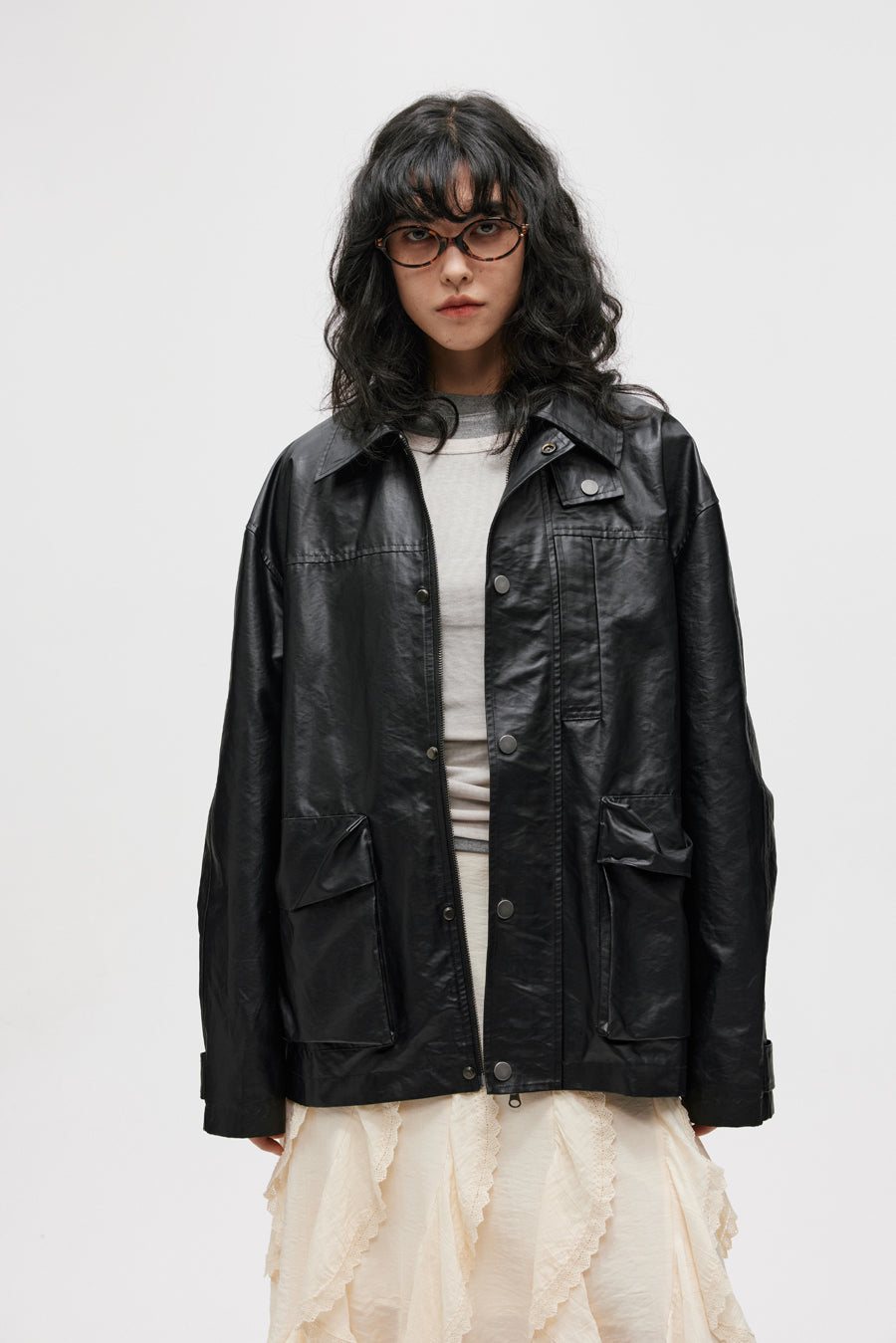 Imitation leather mid-length jacket