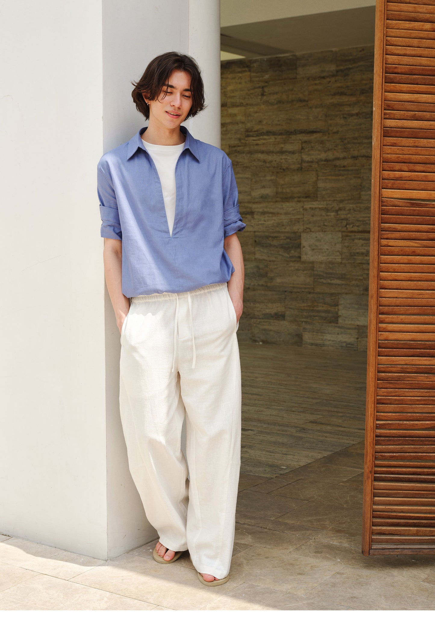 Deep V-Neck Faux Two-Piece Roll-Sleeve Shirt