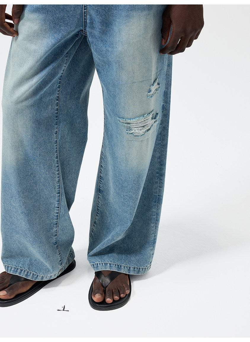 Water-Washed Straight-Leg Lightweight Denim Pants