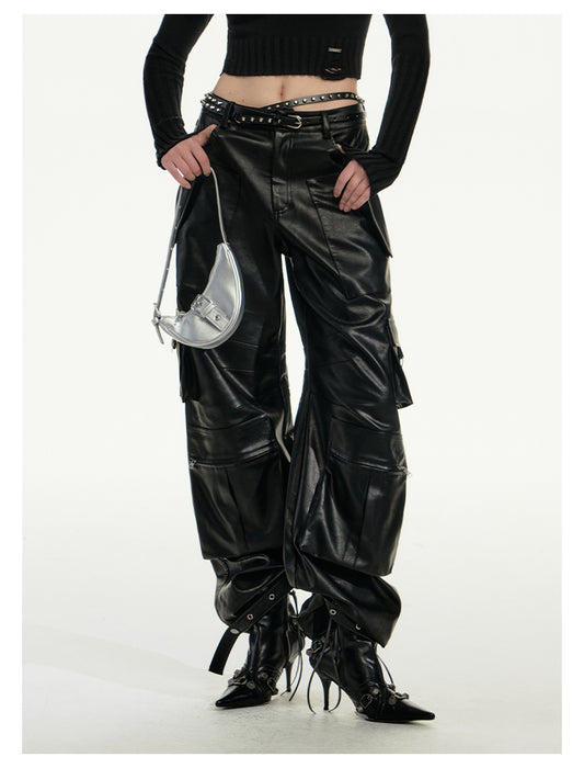 Three-dimensional multi-pocket wide-leg leather pants