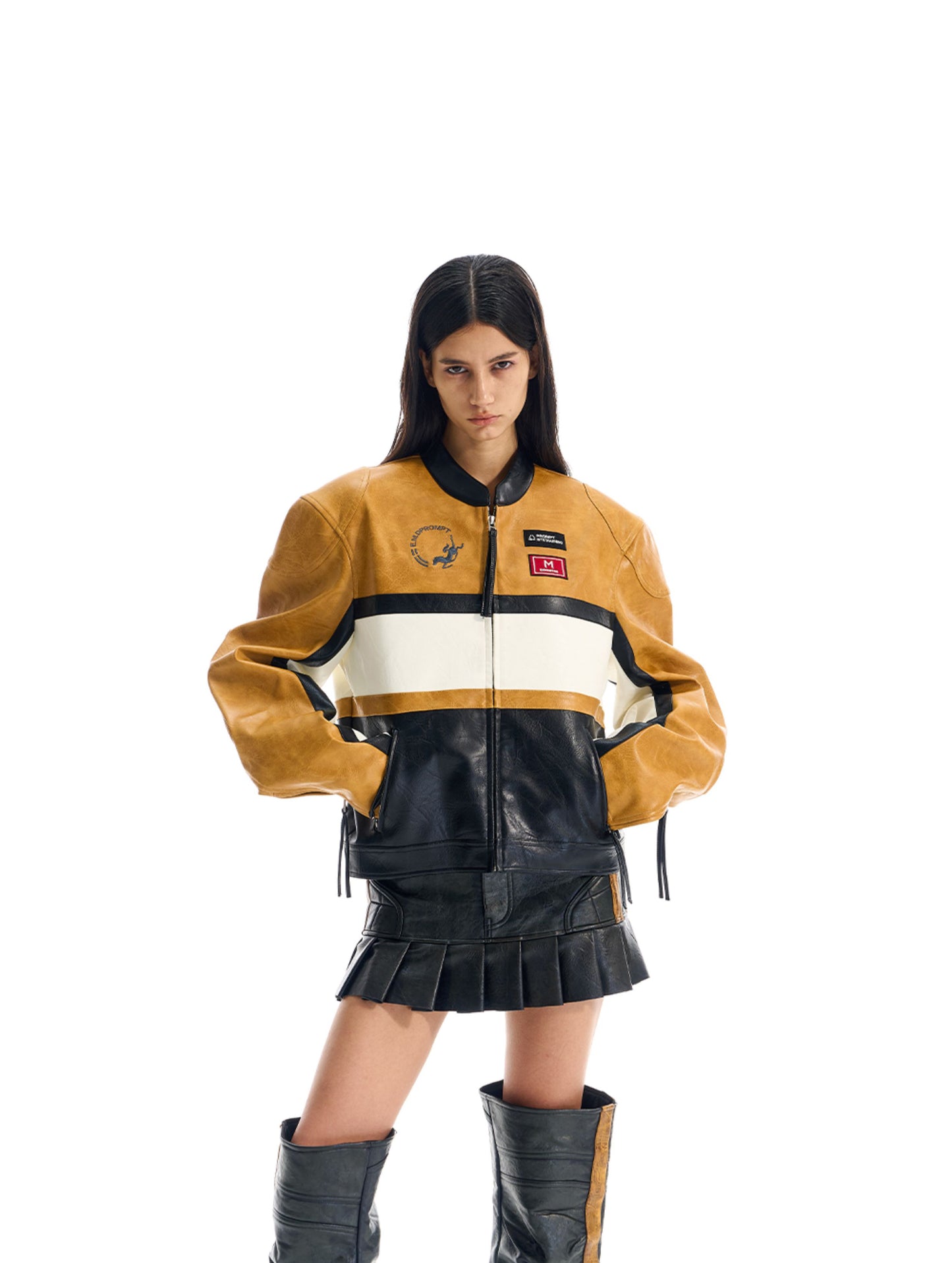 Contrast Color Leather Jacket