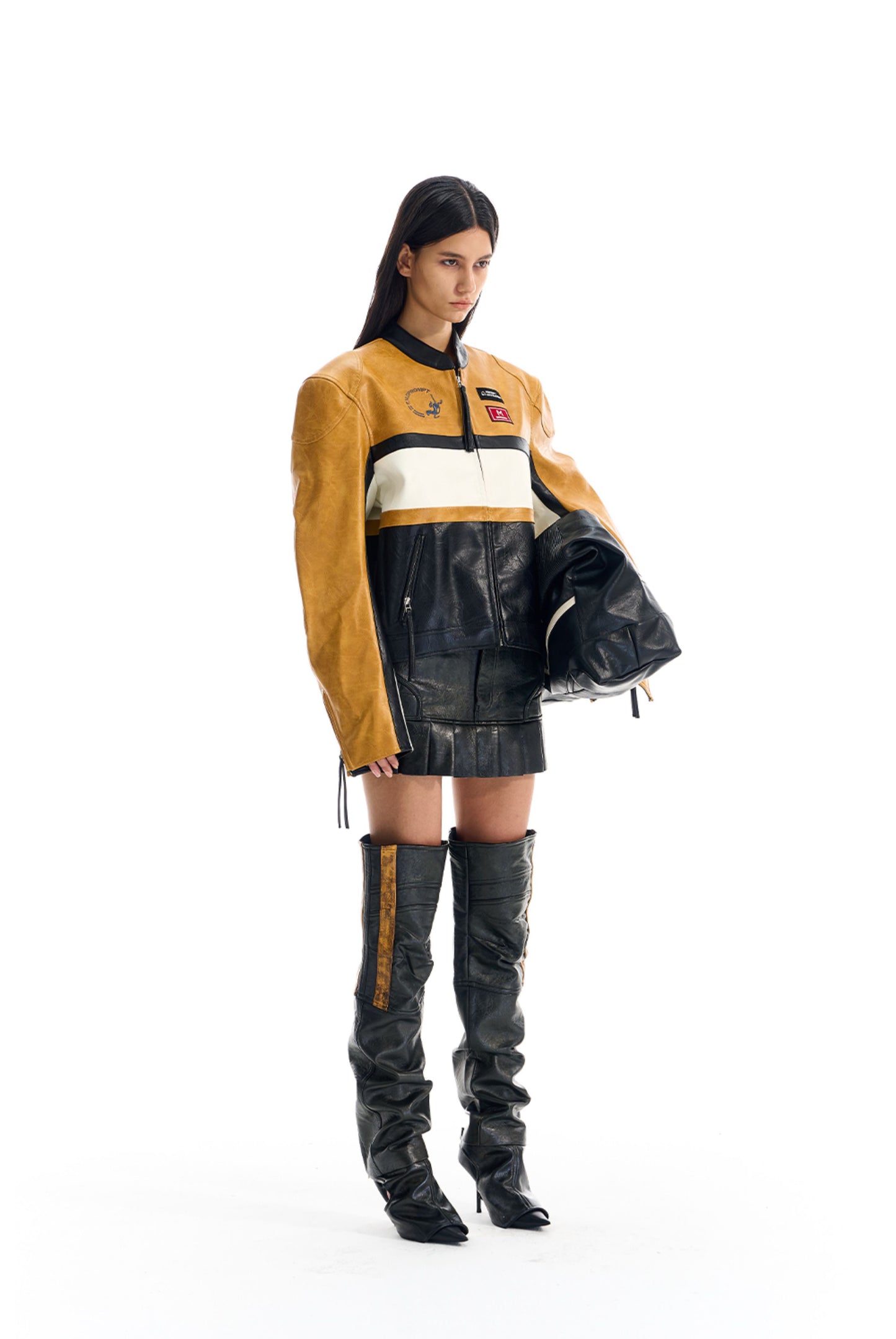 Contrast Color Leather Jacket