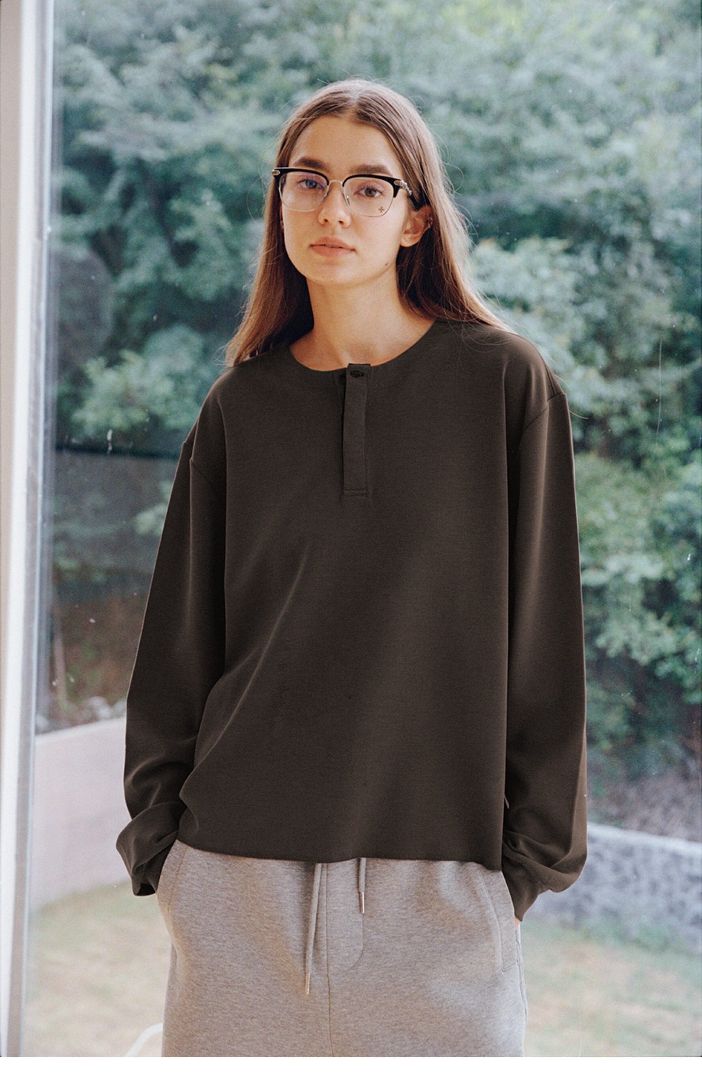 Single-button henley-neck T-shirt