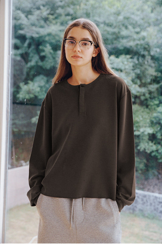 Single-button henley-neck T-shirt