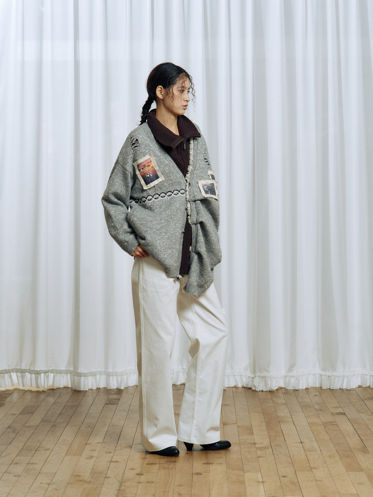 Pleated Design Blend Knit Cardigan