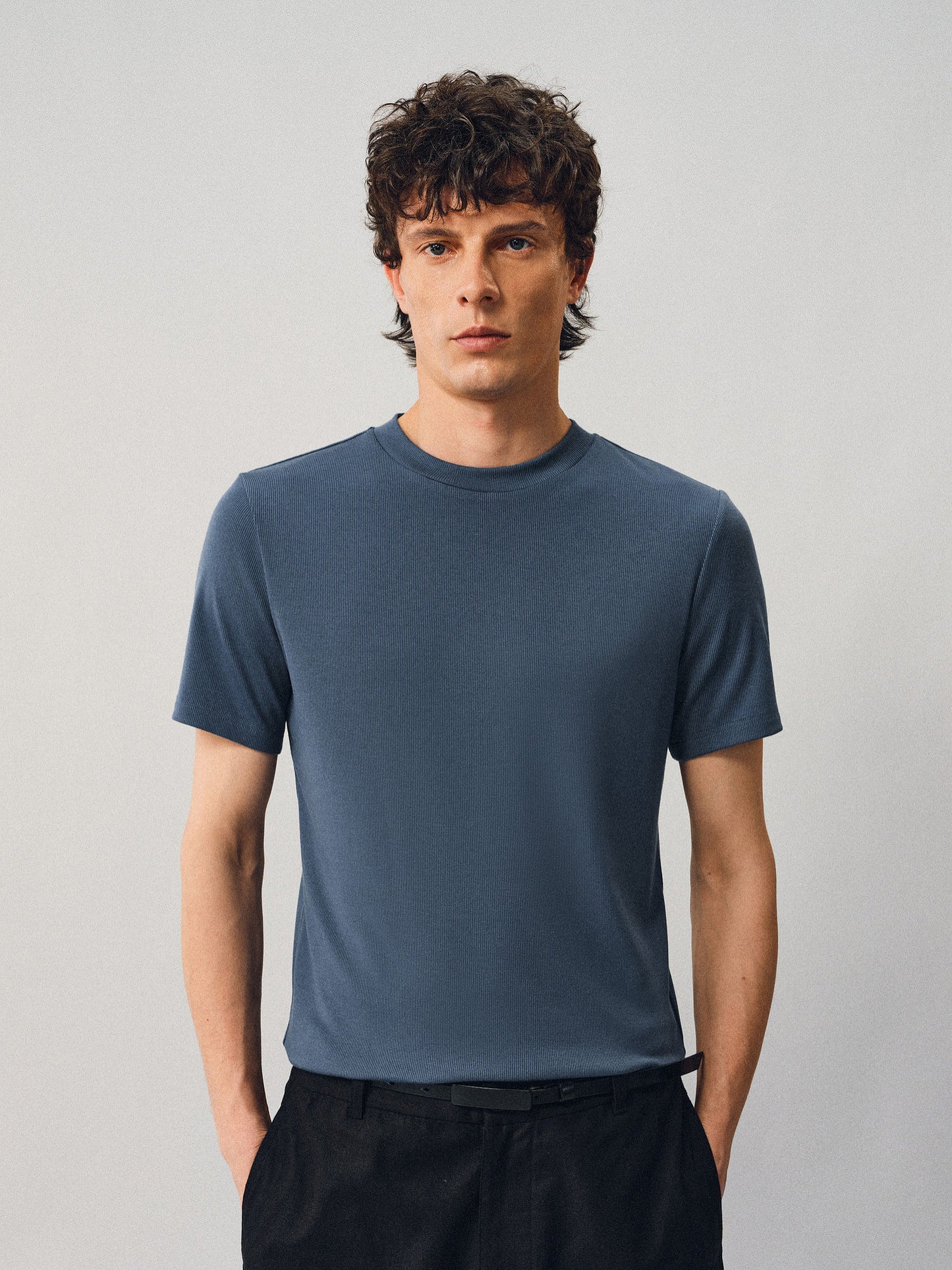 Fine-Striped Fitted Round-Neck T-Shirt
