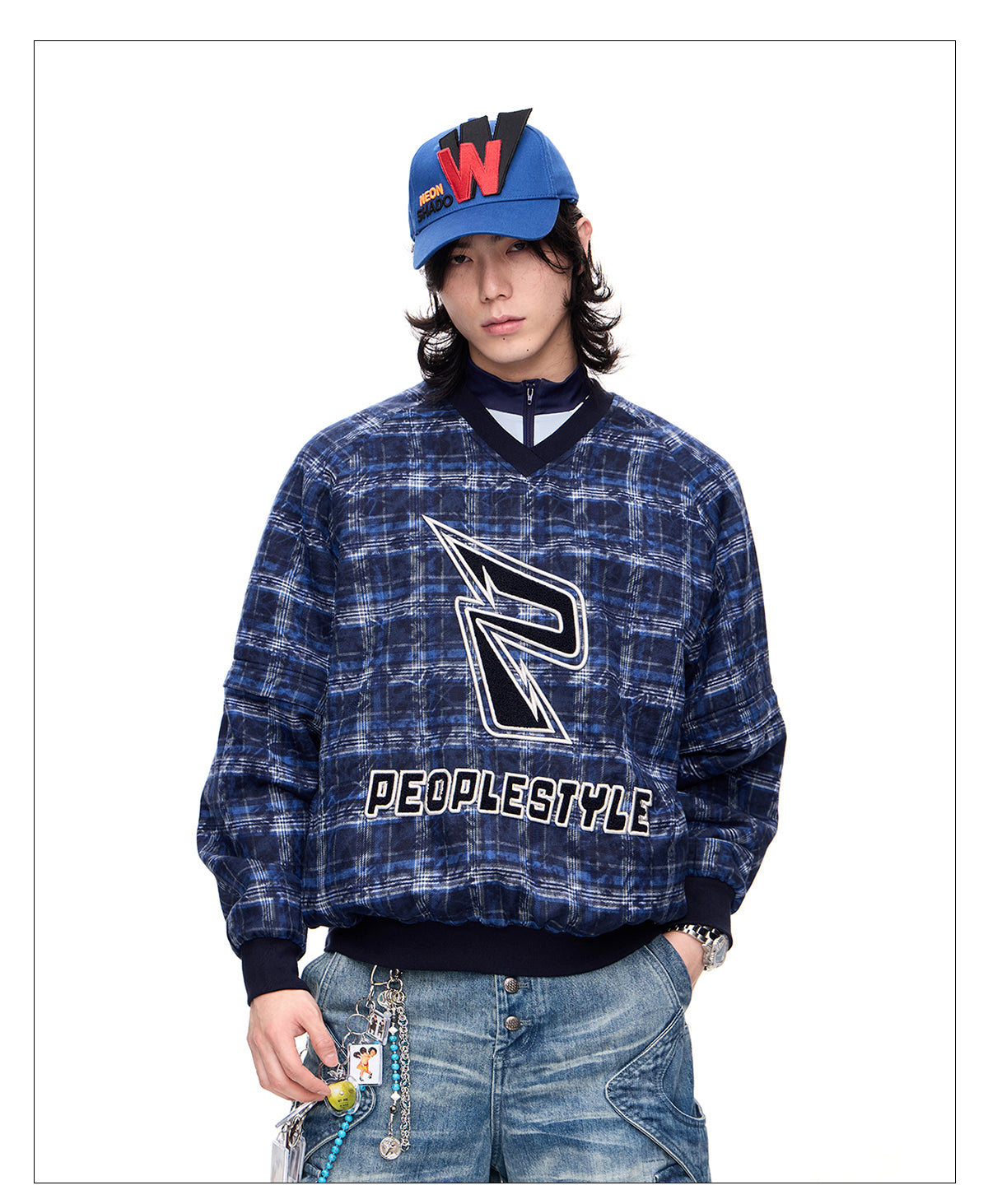 Detachable checkered thickened sweatshirt