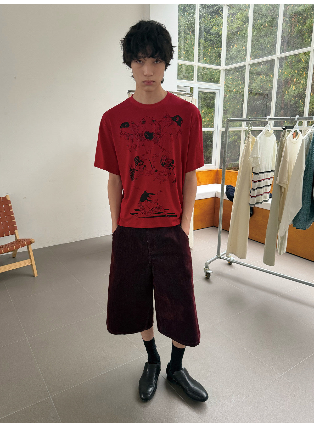 Herringbone-patterned corduroy cropped pants